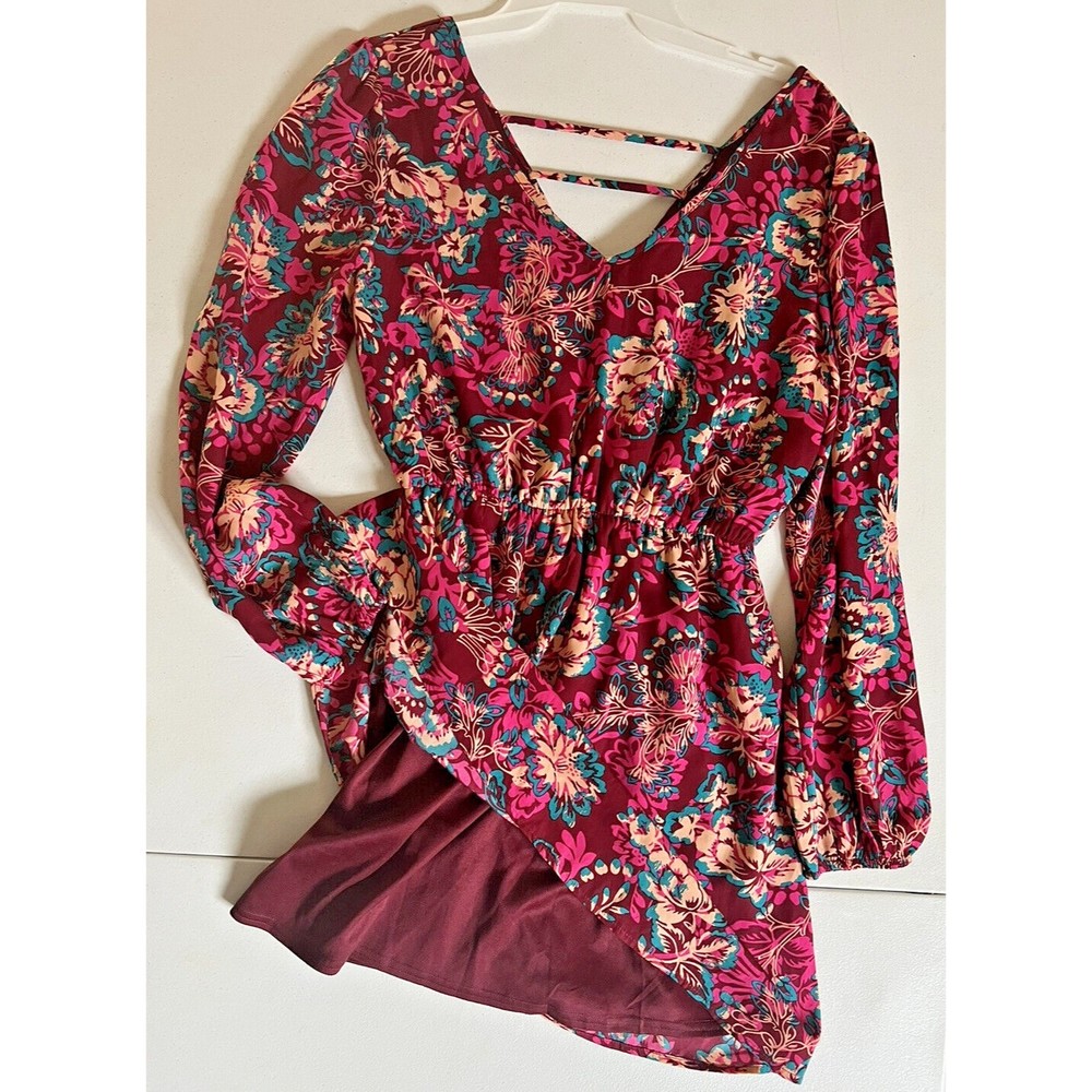 Womens Mini Dress Top SMALL Floral Lined - Long Sleeve Flowy - Pink Owl Apparel